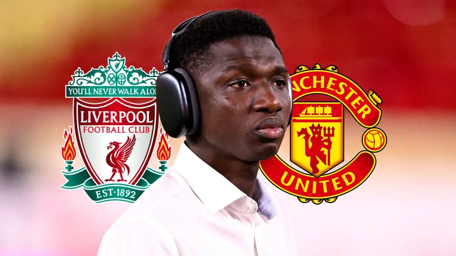 Player wearing headphones with Liverpool and Manchester United logos