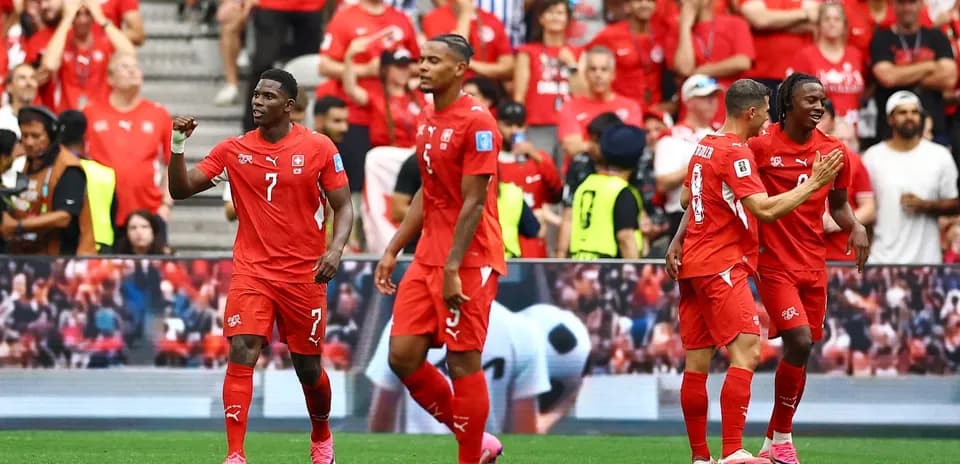 Swiss players celebrating a goal during match