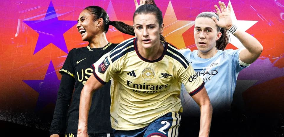 Three female soccer players in action poses