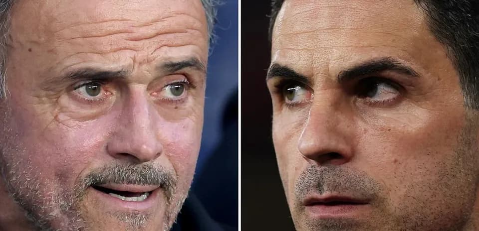 Luis Enrique and Mikel Arteta in close-up portraits