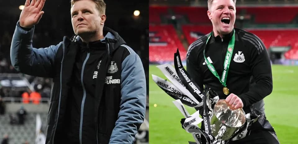 Newcastle manager celebrating and waving to fans