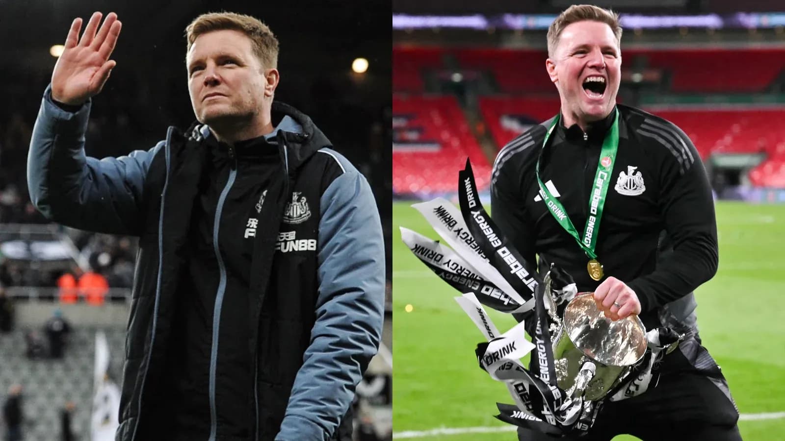 Newcastle manager celebrating and waving to fans