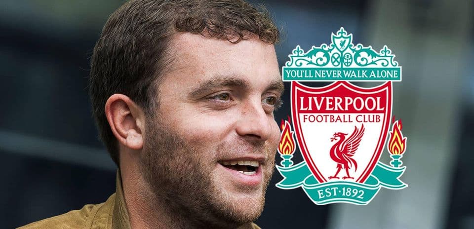 Person smiling next to Liverpool FC logo