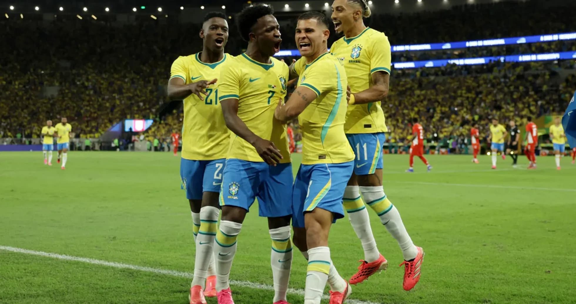 Brazil players celebrating during a football match