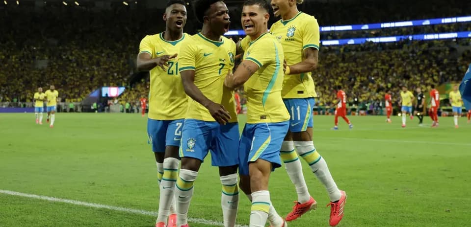 Brazil players celebrating during a football match