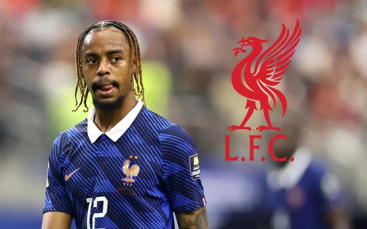 Player in France kit during match with Liverpool logo