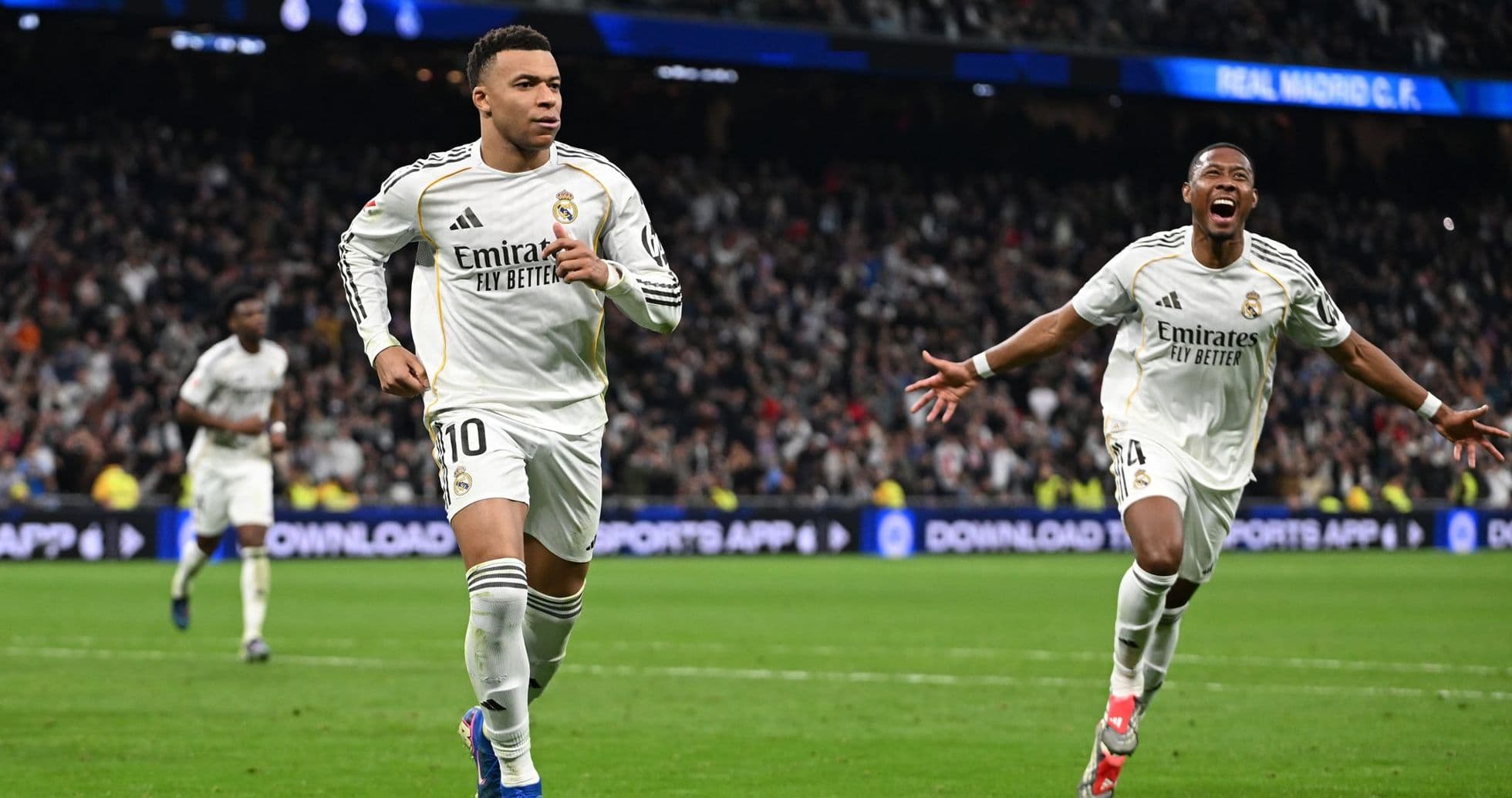 Mbappé celebrating a goal for Real Madrid