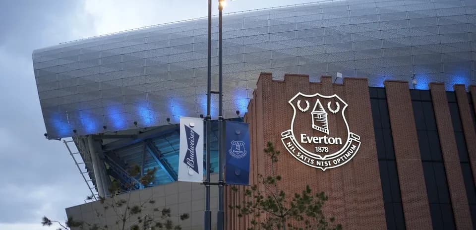 Exterior of Everton's stadium with club logo