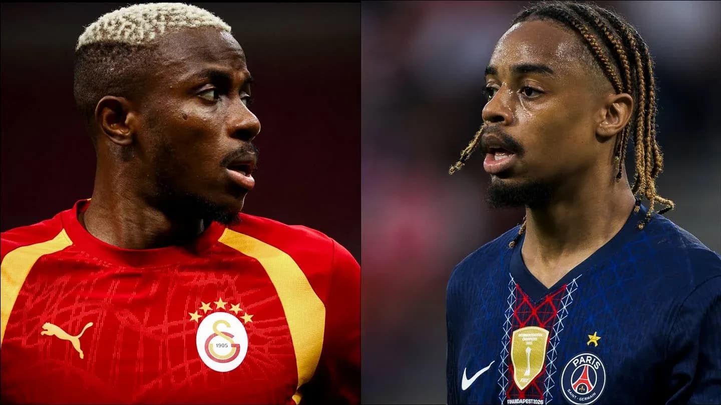 Two football players in club jerseys facing each other