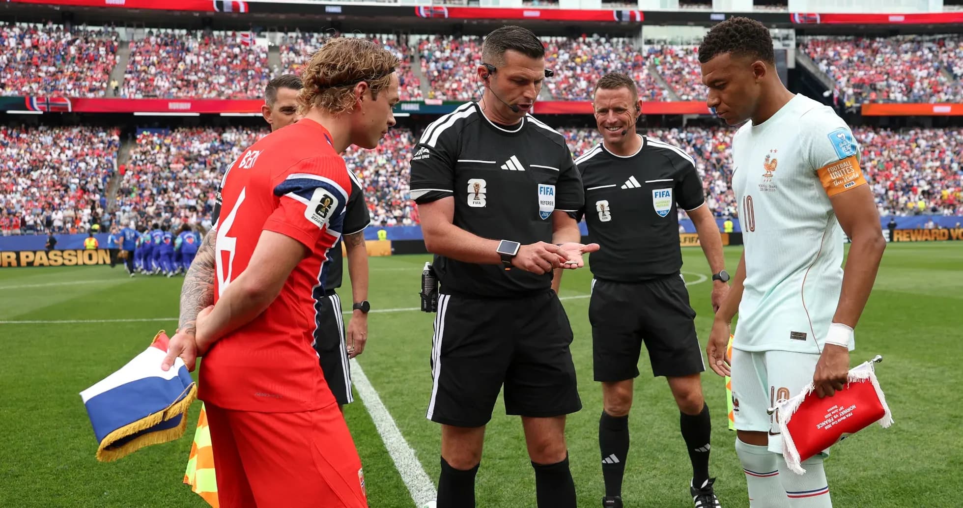 Captains and referees at coin toss before match