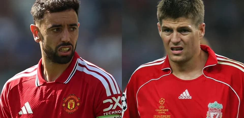Bruno Fernandes and Steven Gerrard in red jerseys