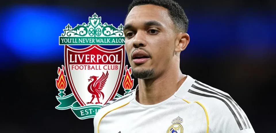 Player in Real Madrid kit with Liverpool logo background