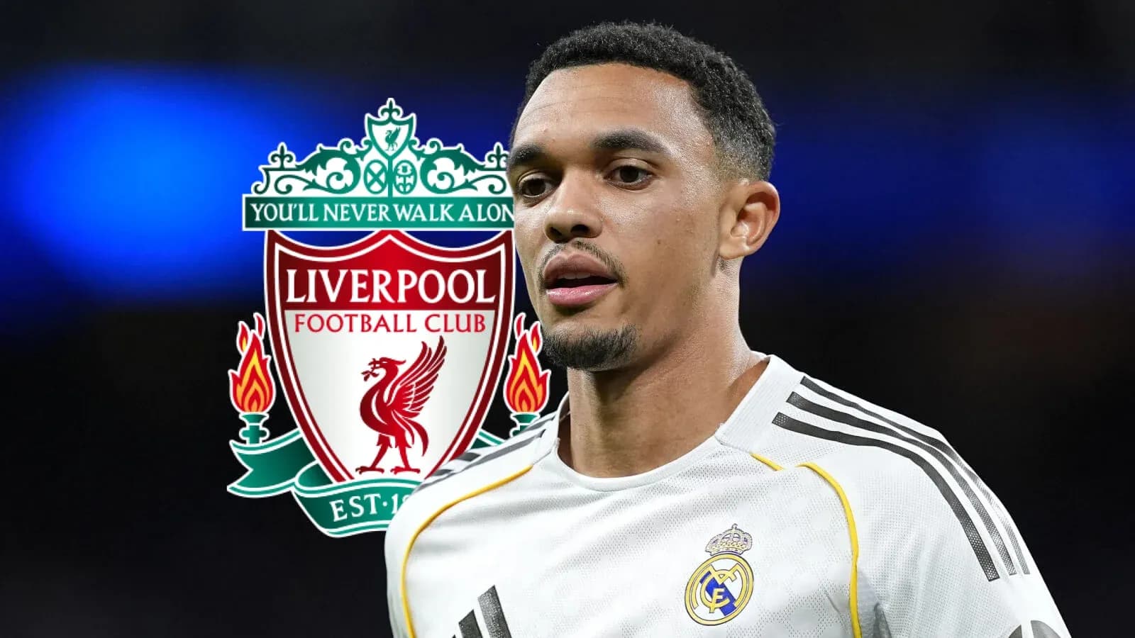 Player in Real Madrid kit with Liverpool logo background