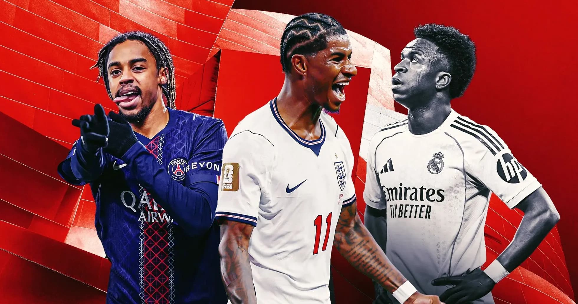 Three football players in club jerseys on red background