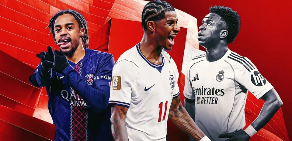 Three football players in club jerseys on red background