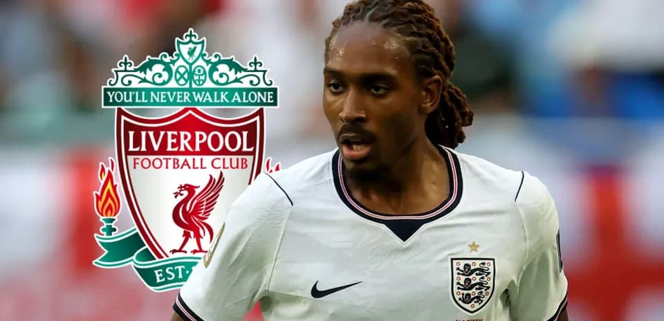 Player in England jersey with Liverpool logo background