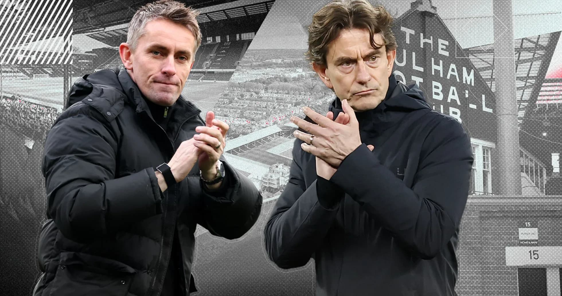 Two football managers applauding in front of stadium