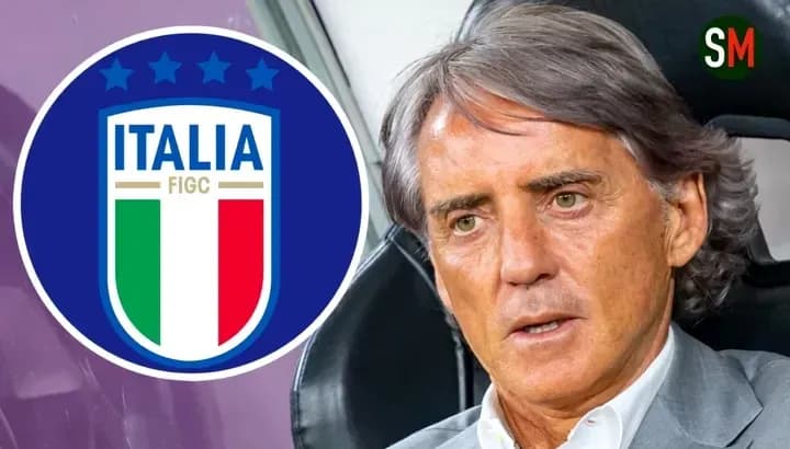 Italy national team logo beside coach at press conference