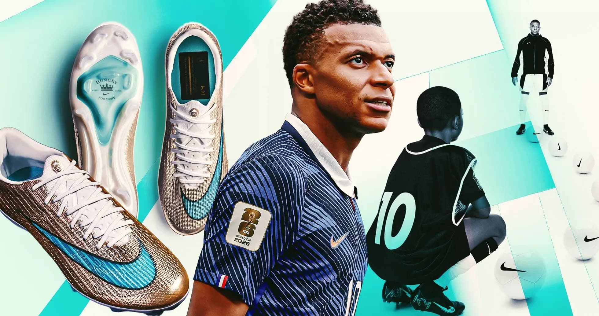 Kylian Mbappé posing with soccer cleats and training