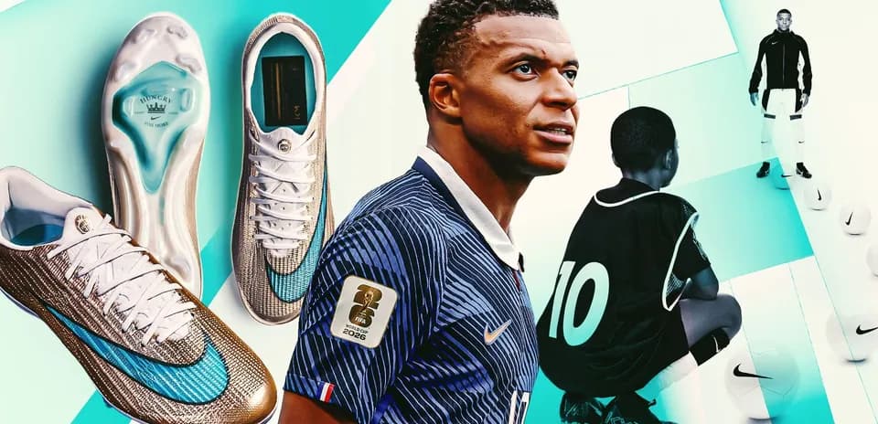 Kylian Mbappé posing with soccer cleats and training