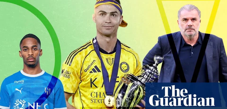 Three football figures in action poses with trophies