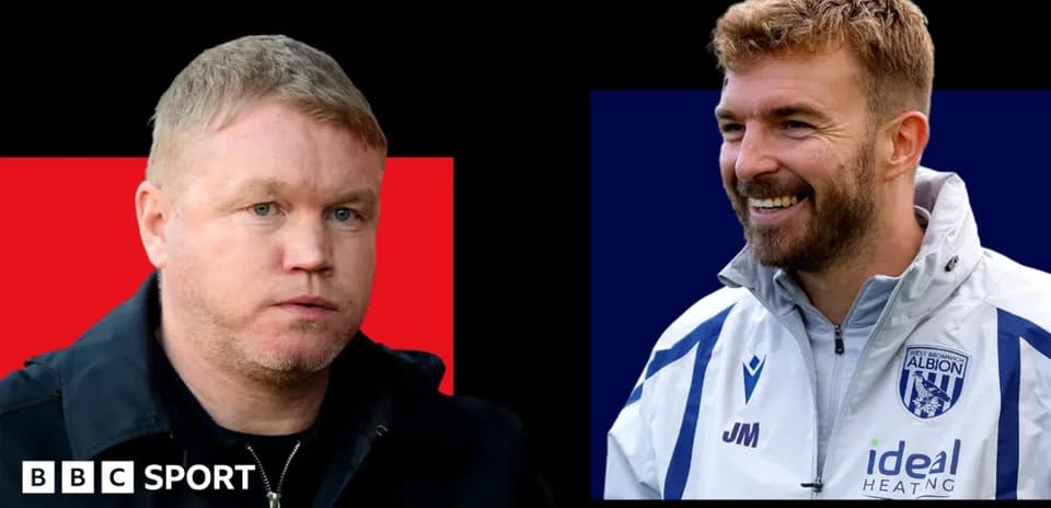 Two football managers in headshots with contrasting backgrounds