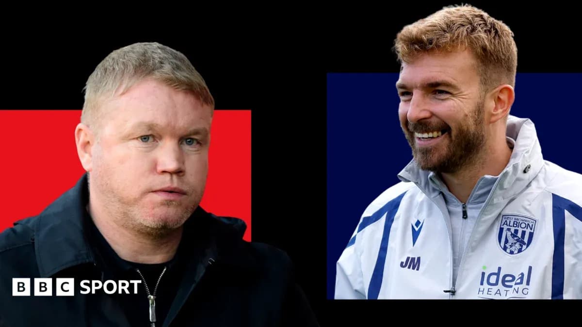 Two football managers in headshots with contrasting backgrounds