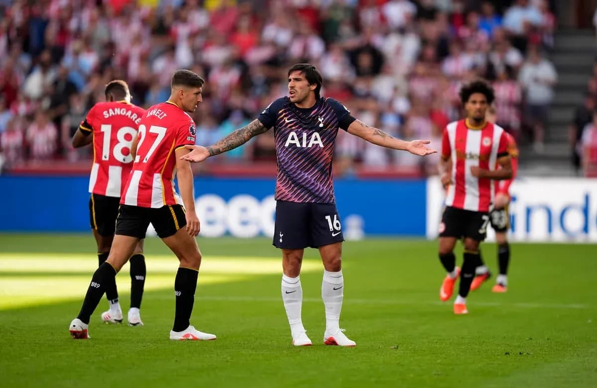 Tottenham player gesturing during match against Brentford