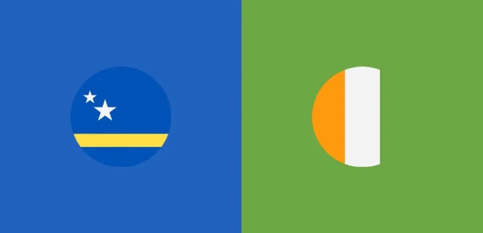 Flags of Curaçao and Ivory Coast on colored backgrounds