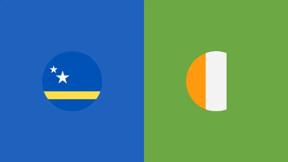 Flags of Curaçao and Ivory Coast on colored backgrounds