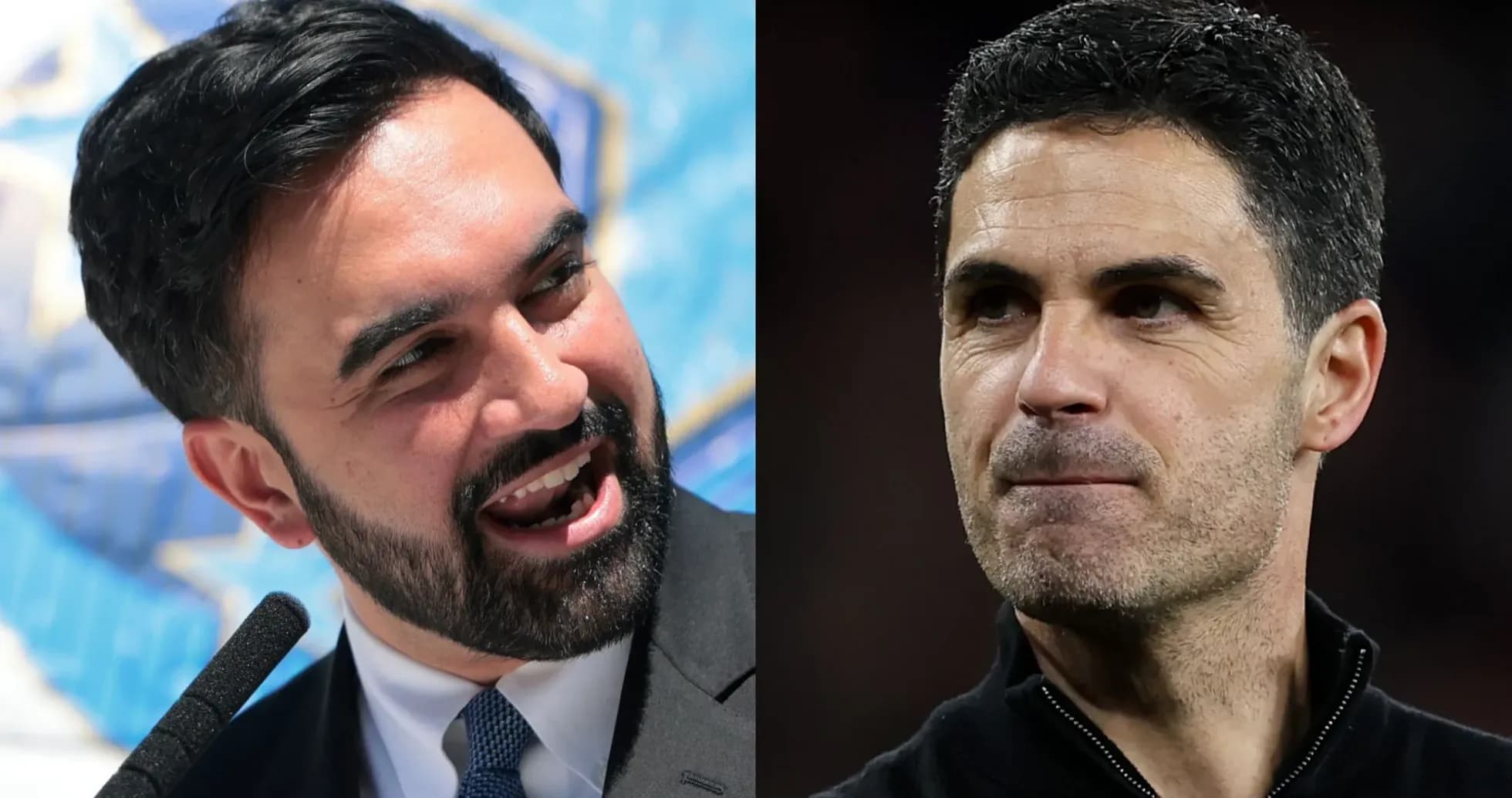 Two men, one speaking and one serious expression