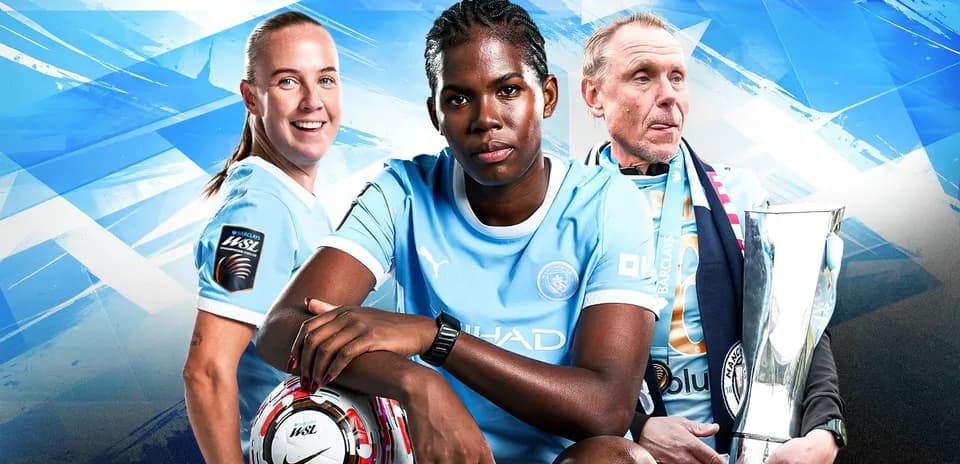 Three soccer players and coach with trophy and ball