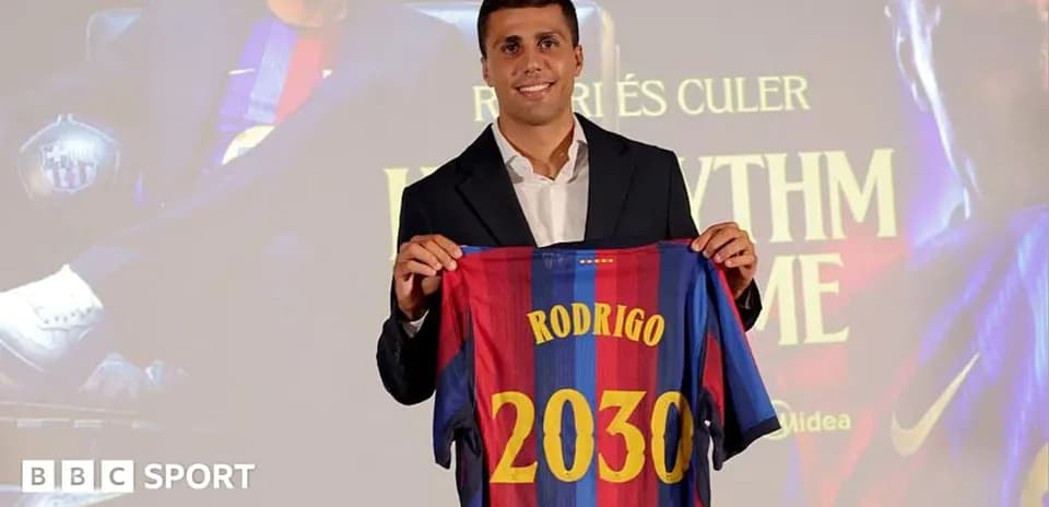 Player holding Barcelona jersey with name Rodrigo and number 2030