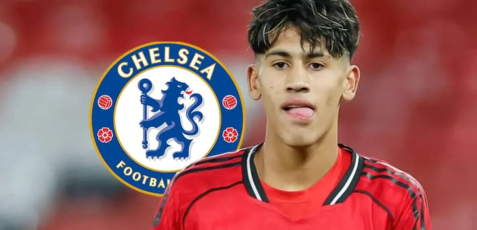 Young player in red jersey with Chelsea logo background