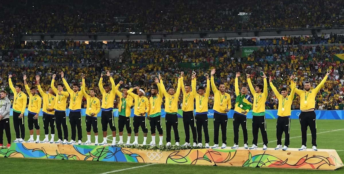 Brazilian football team celebrating Olympic gold medal victory