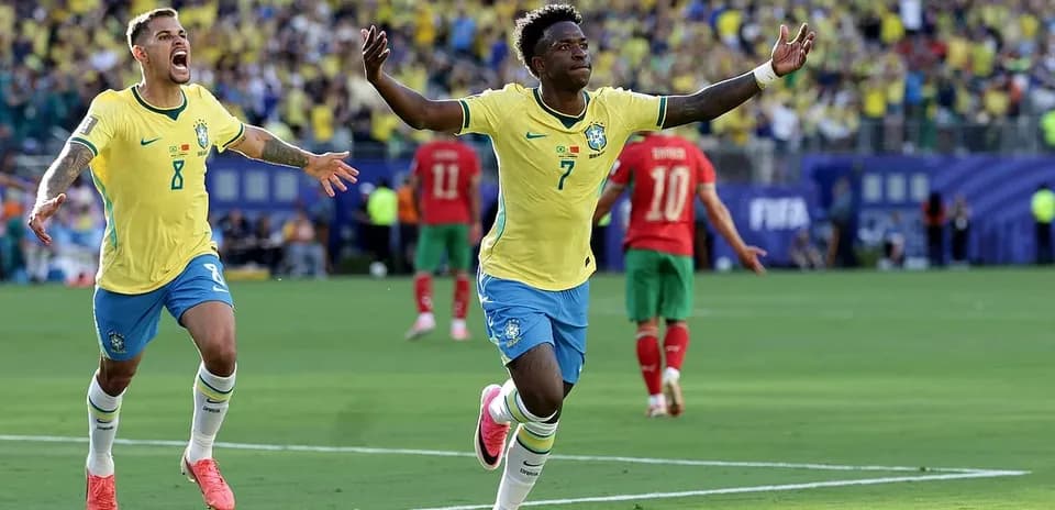 Brazil players celebrating during World Cup match