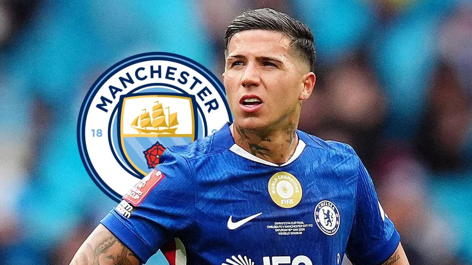 Player in Chelsea kit with Manchester City logo background