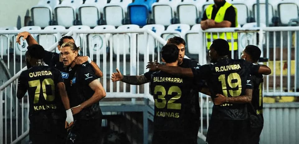 Players celebrating a goal during Klaksvik match