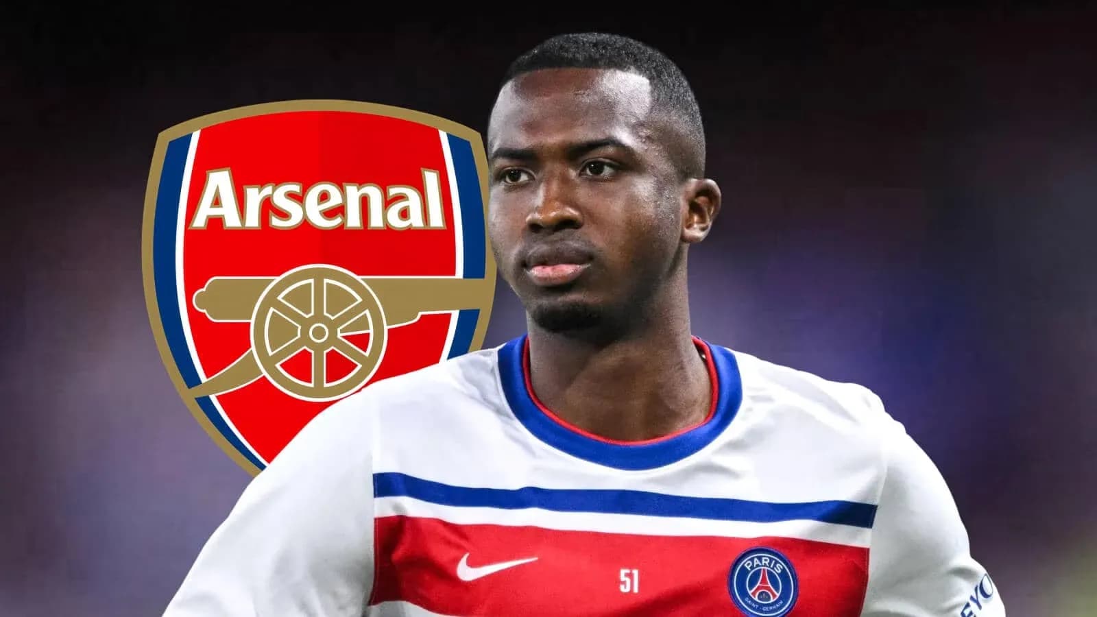 Player wearing PSG jersey with Arsenal logo background