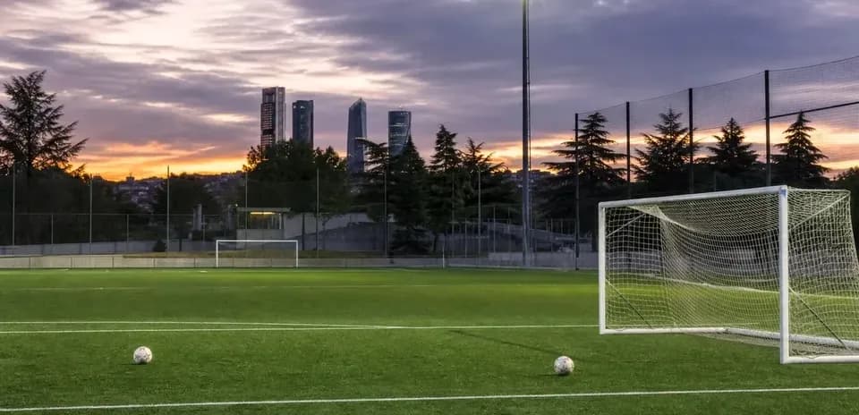 Soccer field at sunset with two balls and goal