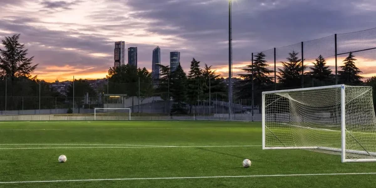 Soccer field at sunset with two balls and goal