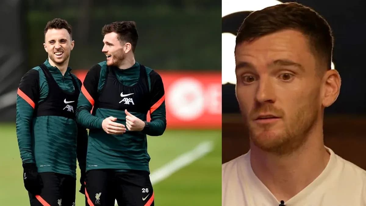 Two players laughing during Liverpool training session