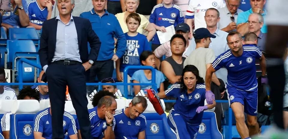 Jose Mourinho coaching with Chelsea staff on sideline