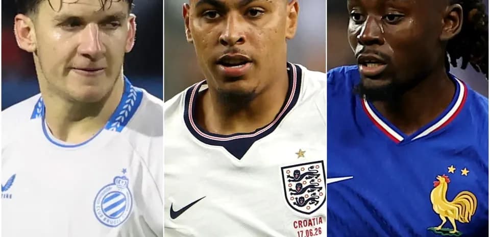 Three football players in different national team jerseys