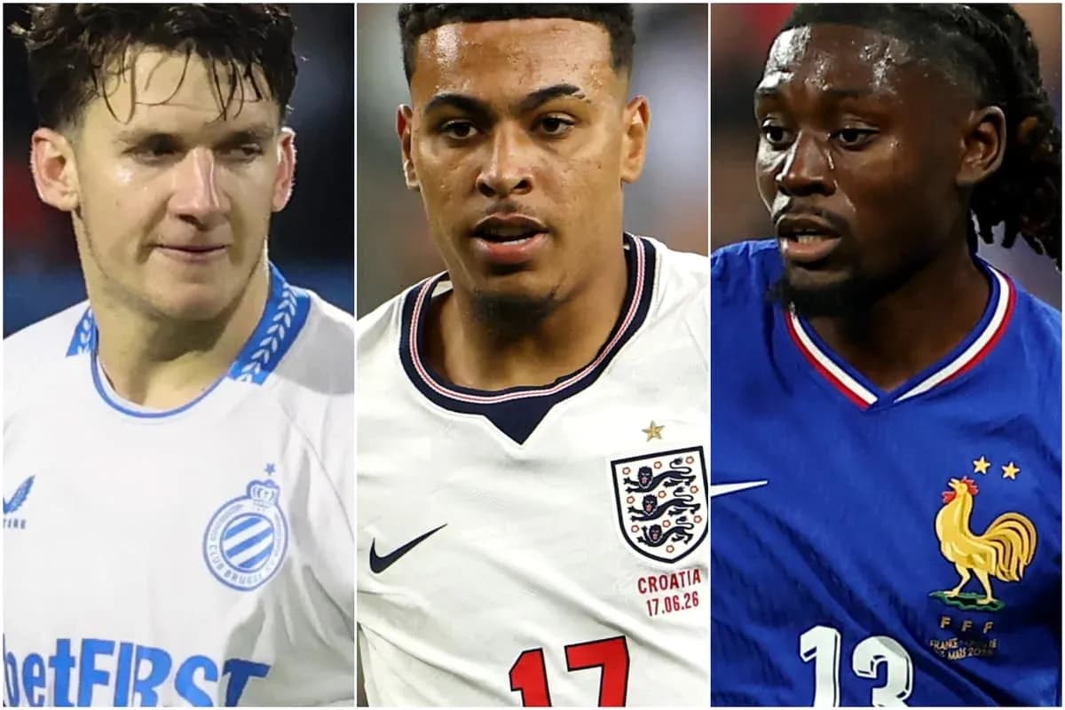 Three football players in different national team jerseys