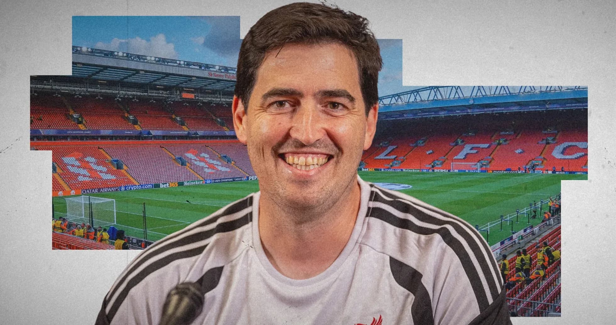 Man smiling in front of Anfield stadium backdrop