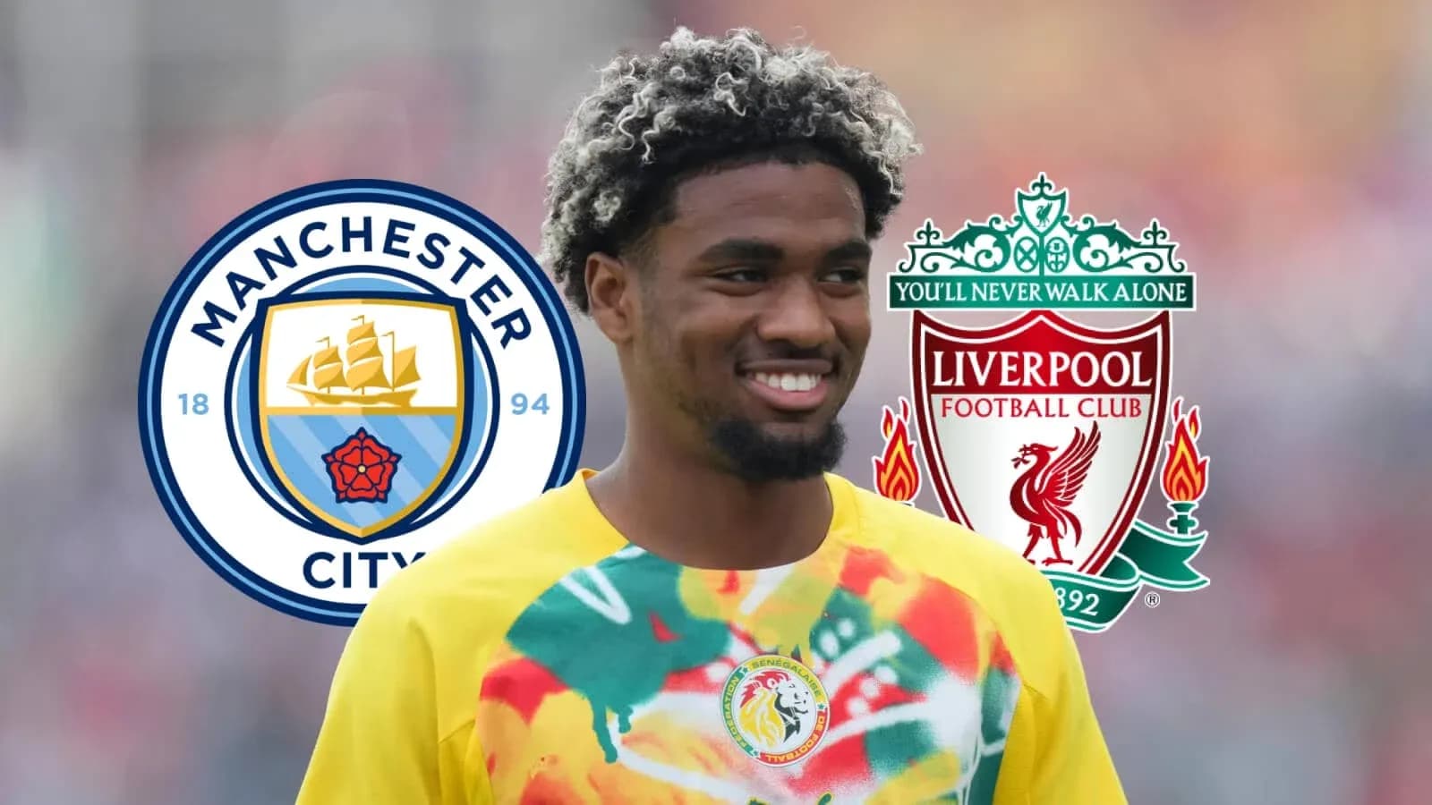 Player smiling with Manchester City and Liverpool logos