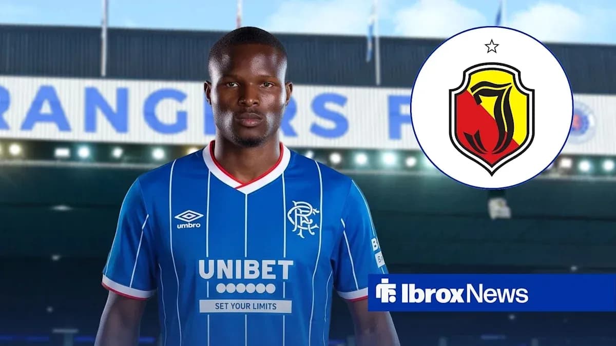 Player in Rangers jersey with club logo background
