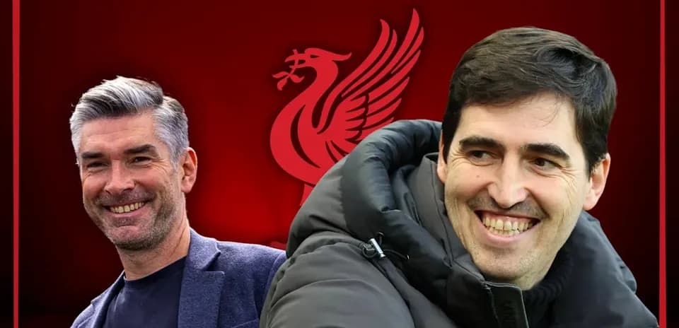Two football coaches smiling with Liverpool logo background