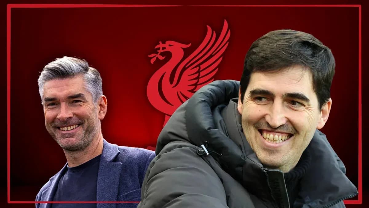 Two football coaches smiling with Liverpool logo background